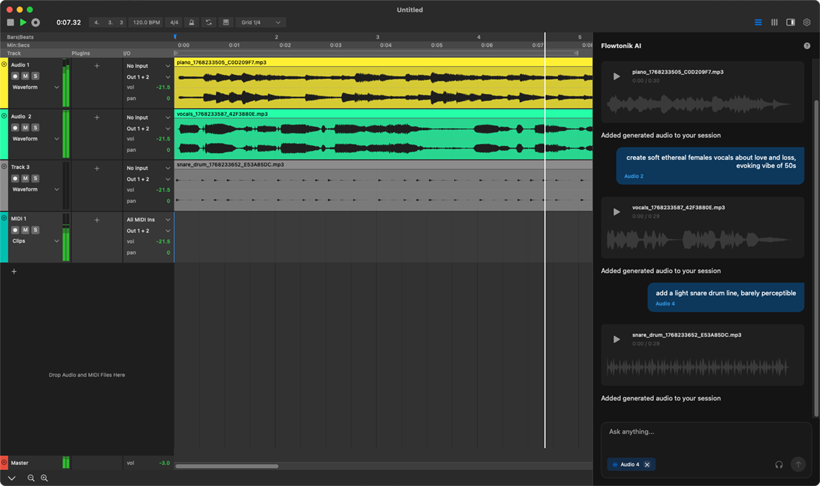 Flowtonik DAW interface showing AI-native workflow compared to traditional DAW layout